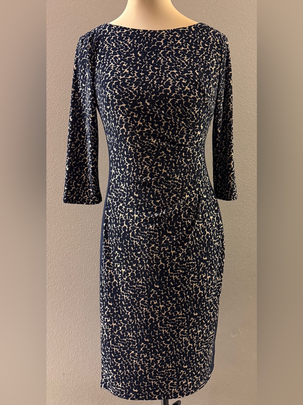 Lauren Ralph Lauren Navy Cream Printed Sheath Dress Lined Gathered Size 10